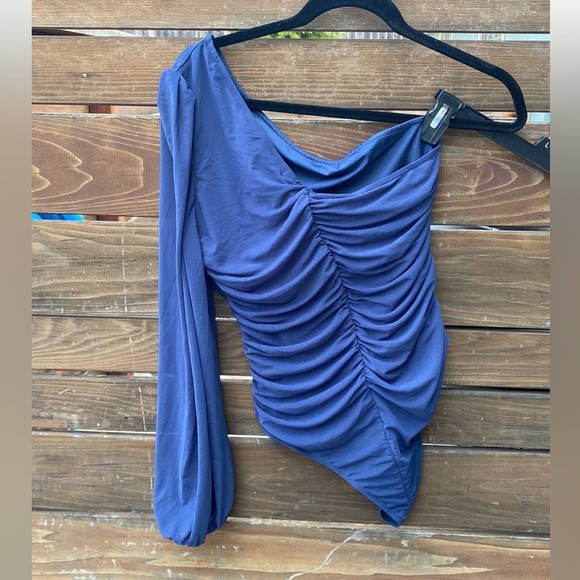 Anrabess Blue One Shoulder Mesh Bodysuit - L - Picture 5 of 5